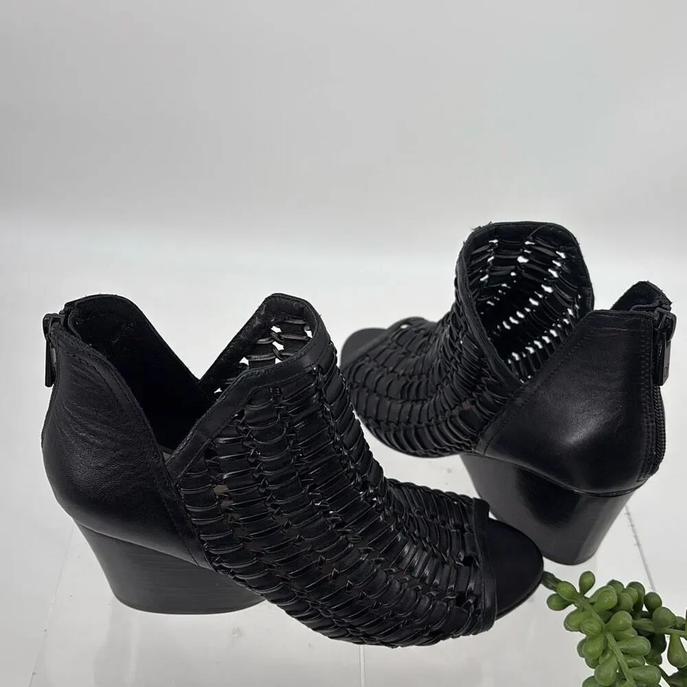 New Donald J Pliner Women's JACQI‎ Woven Wedge Peep Toe Zip Bootie Black 6